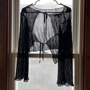 Urban Outfitters Pleated Sheer Long Sleeve Tie Back Black Top Size S